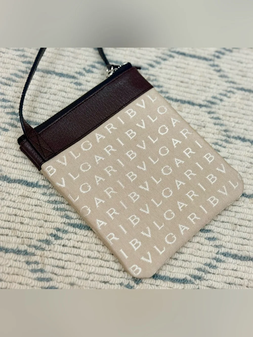 BVLGARI Unisex Rare Logomania Beige Leather Canvas Flat Pouch Crossbody Bag